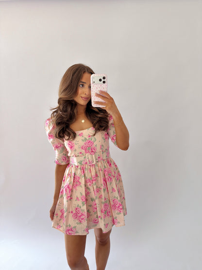 Pink Palm Belted Puff Sleeve Mini Dress