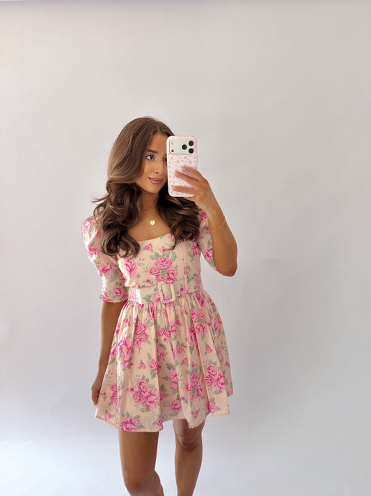 Pink Palm Belted Puff Sleeve Mini Dress