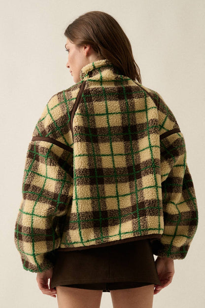 Plaid-Print Sherpa Fleece Zip-Up Collared Pocket Jacket no restocks