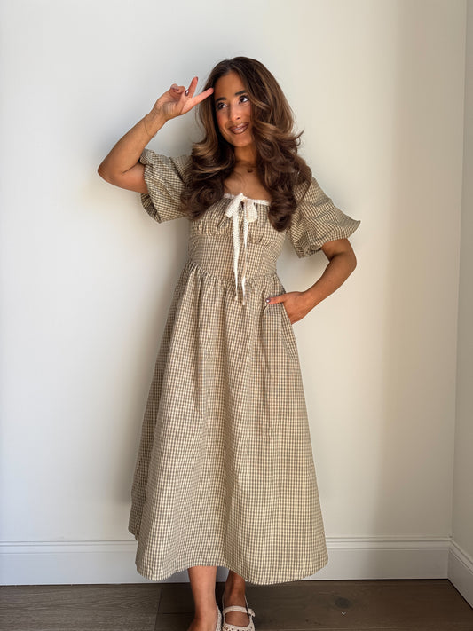 Maple Ave Gingham Puff Sleeve Midi Natural