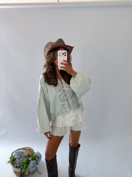 Denim Eyelet Twirl Vintage Top (can’t restock)