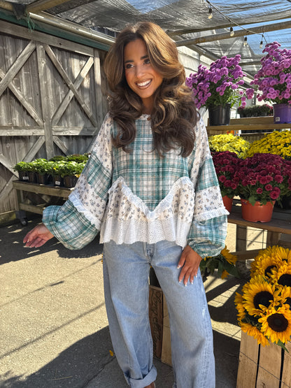 Willow Patch Plaid Ruffle Top with Balloon Sleeves PRE ORDER ADDED