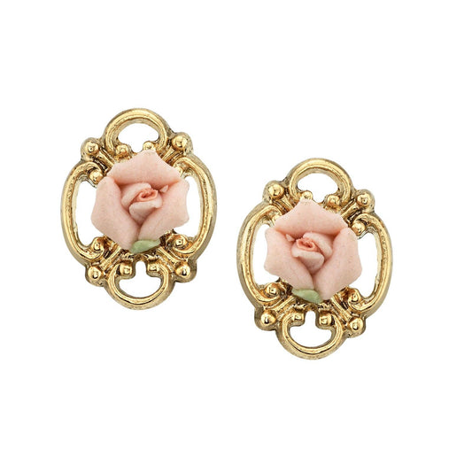 Aurora Sweet Pink Porcelain Rose Button Earrings