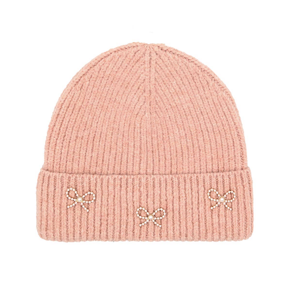 Pearl & Bow Ribbed Hat PINK