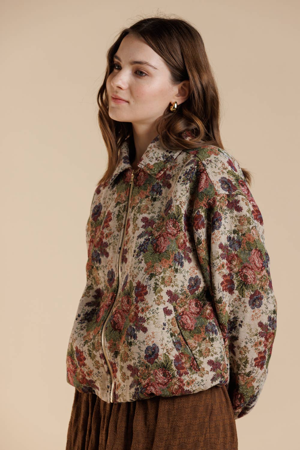 Vintage Rose Tapestry Zip-Up Bomber Jacket