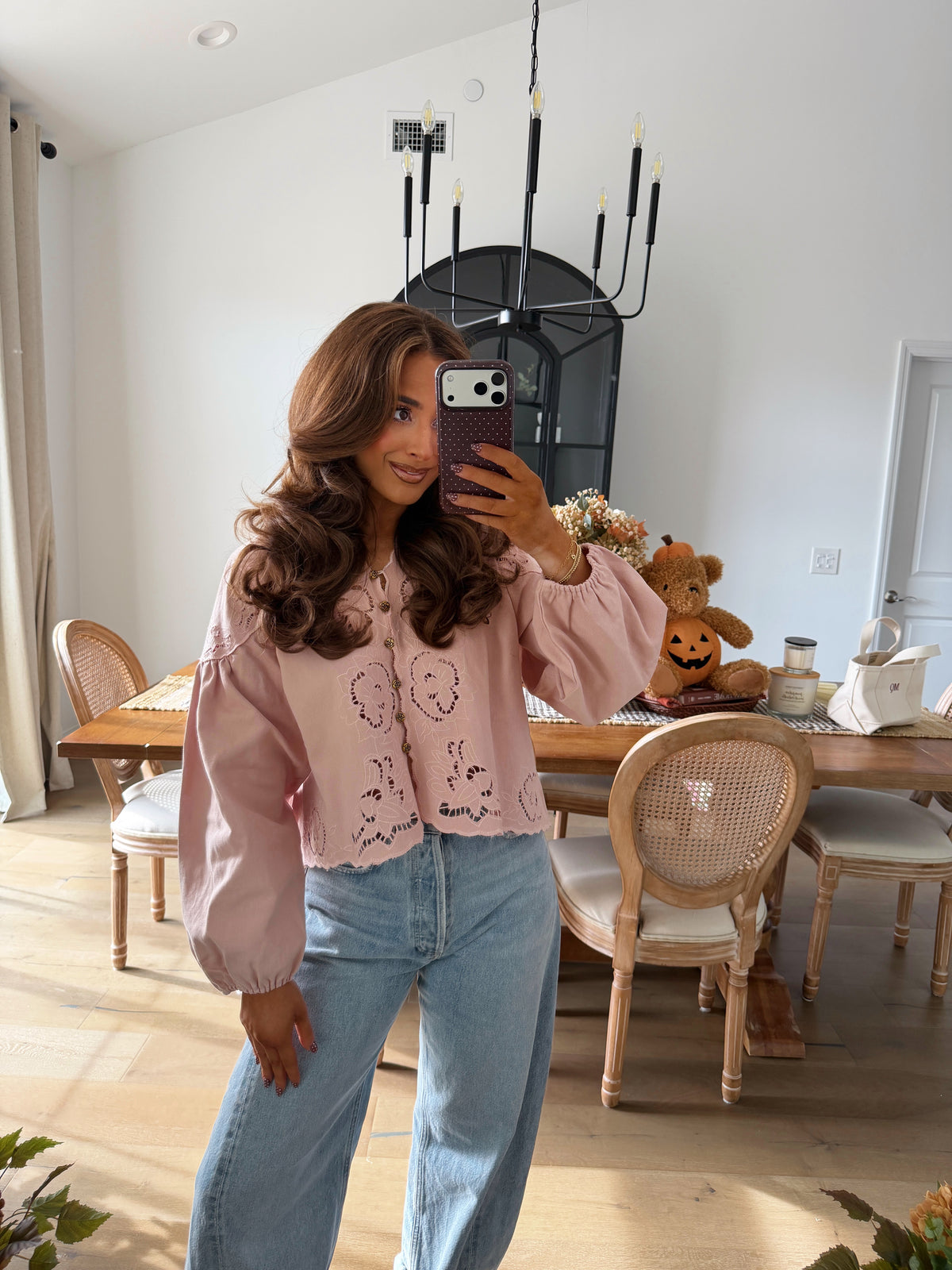 Denim eyelet twirl top (pink)