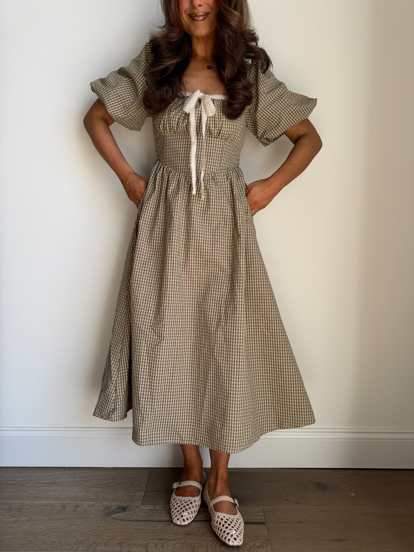 Maple Ave Gingham Puff Sleeve Midi Natural