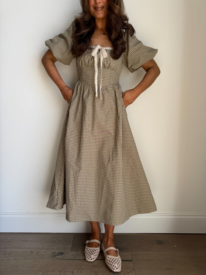 Maple Ave Gingham Puff Sleeve Midi Natural