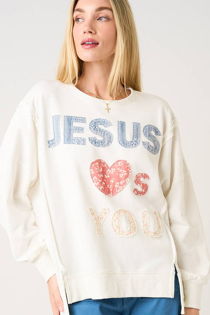 JESUS LOVES YOU PATCHWORK SWEATSHIRT Cream