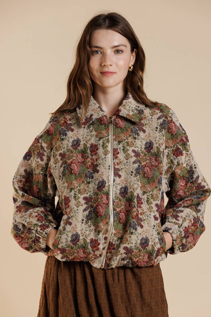 Vintage Rose Tapestry Zip-Up Bomber Jacket