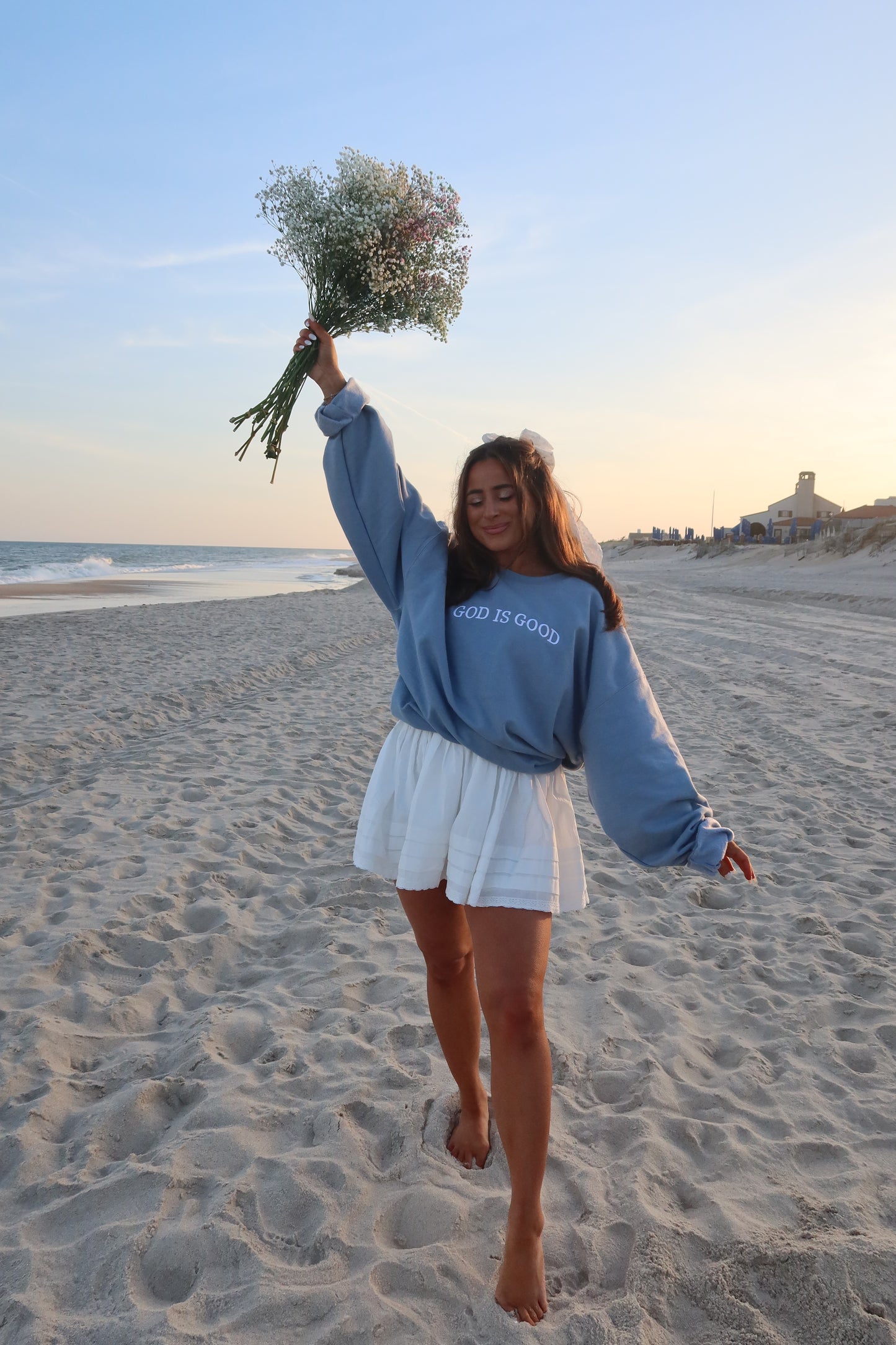 God is Good embroidered crew (dusty blue)