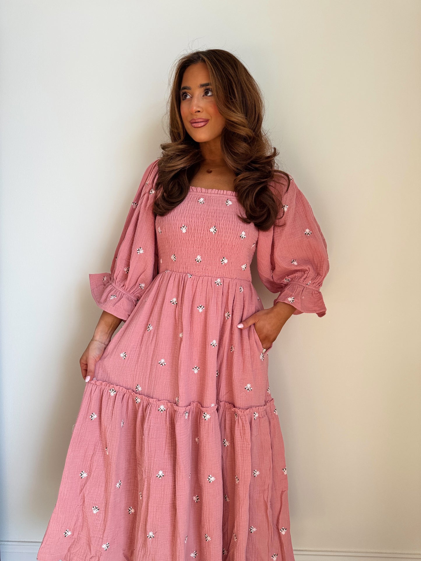 Roses Puff Sleeve Midi in Rosé