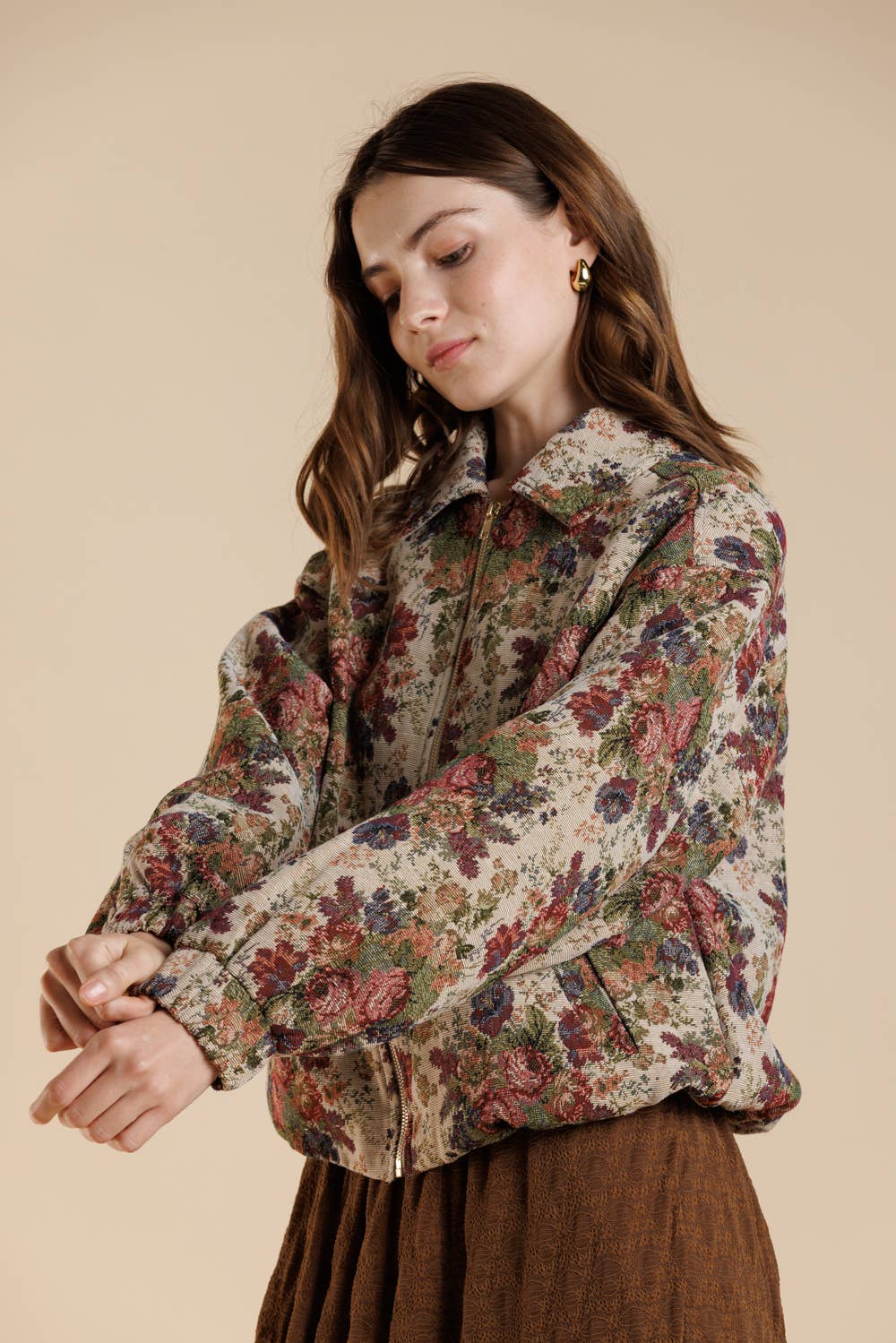 Vintage Rose Tapestry Zip-Up Bomber Jacket