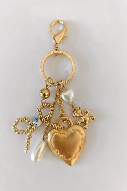PORCELAIN BOW HEART TEDDY BEAR PEARL BAG CHARM