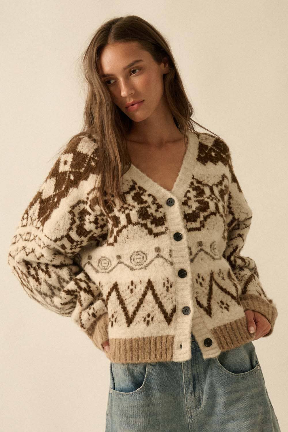 Hearts Aglow Brushed Alpine-Knit Button-Front Cardigan