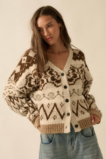 Hearts Aglow Brushed Alpine-Knit Button-Front Cardigan