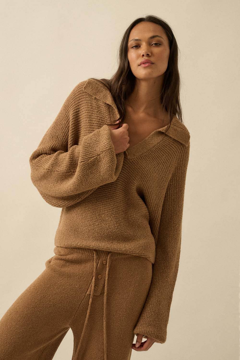 S’mores Ribbed Knit Split-Neck Collared Sweater