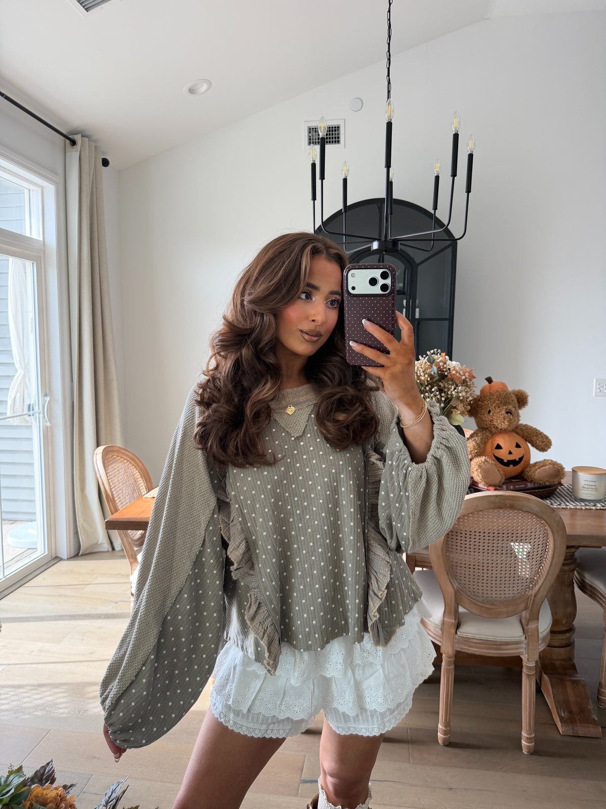 Country Cottage Ruffled TOP (Polka Dot Olive)