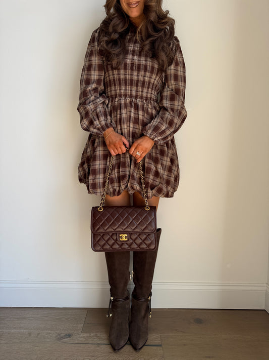 Pumpkin Butter Plaid Puff Mini Dress (Caramel) PRE ORDER 10/6
