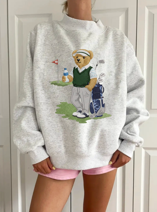 Teddy Bear Golf Embroider Mockneck Sweatshirt
