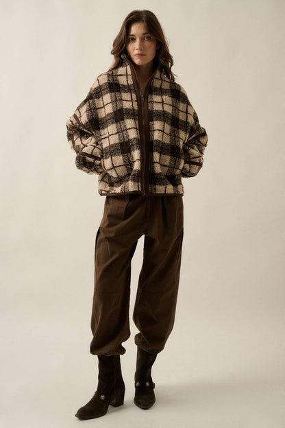 Plaid-Print Sherpa Fleece Zip-Up Collared Pocket Jacket no restocks