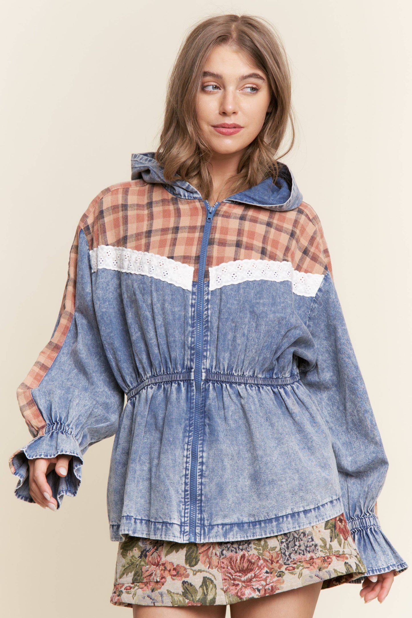 Mixed Media Denim Zip-Up Hoodie
