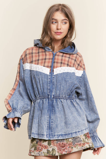 Mixed Media Denim Zip-Up Hoodie