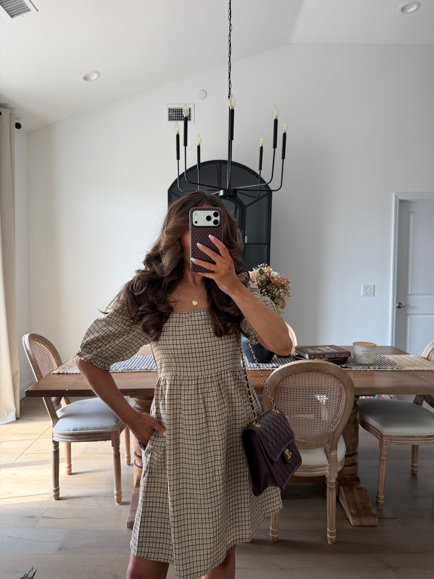 Mocha Latte Plaid Puff Sleeve Mini Dress