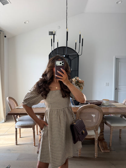 Mocha Latte Plaid Puff Sleeve Mini Dress