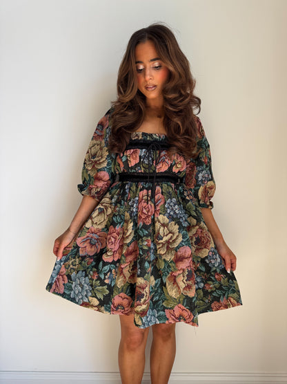Floral Jacquard Puff Sleeve Mini Dress
