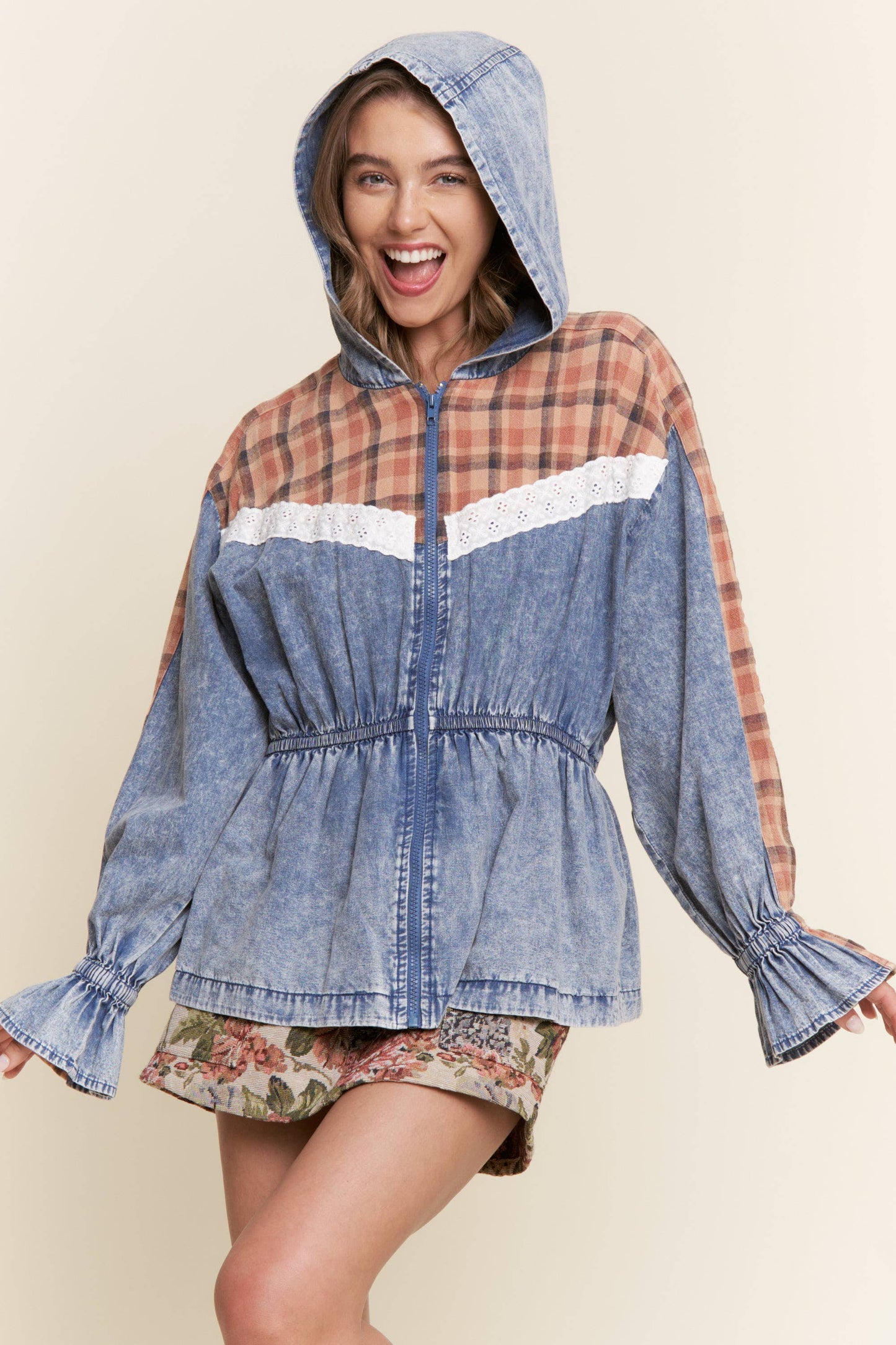 Mixed Media Denim Zip-Up Hoodie