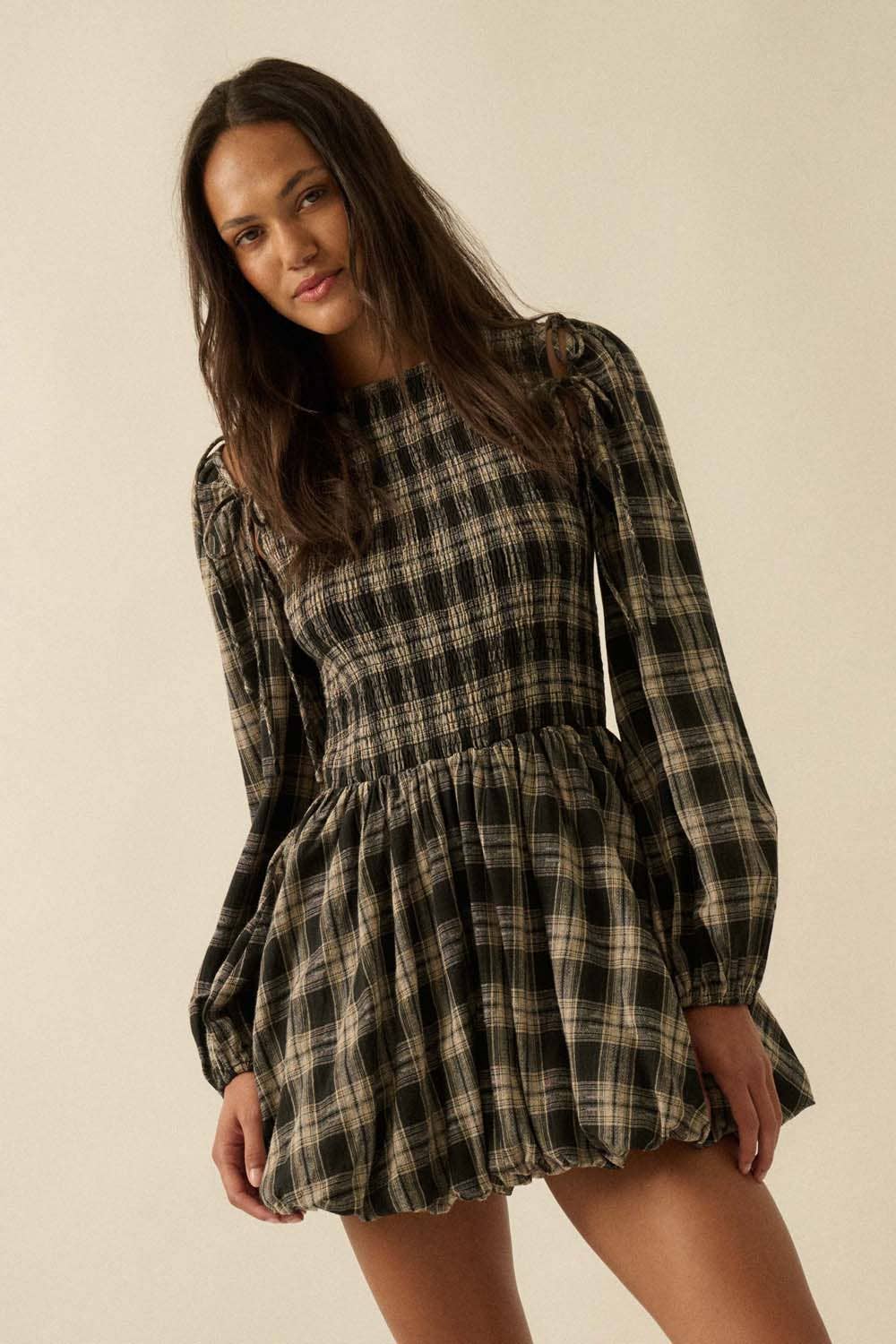Pumpkin Butter Plaid Puff Mini Dress (Black)