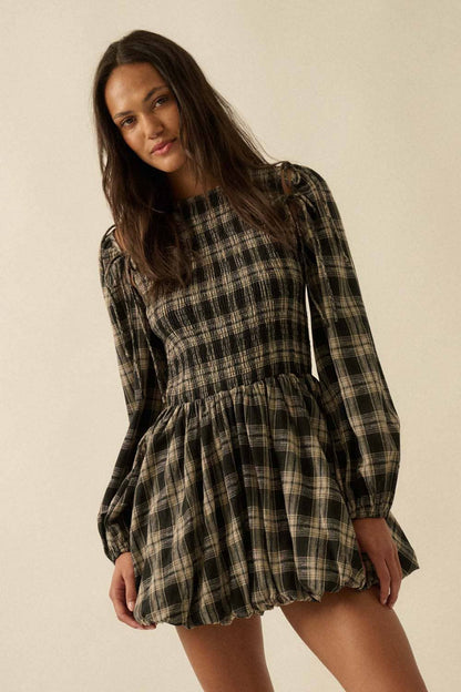 Pumpkin Butter Plaid Puff Mini Dress (Black)