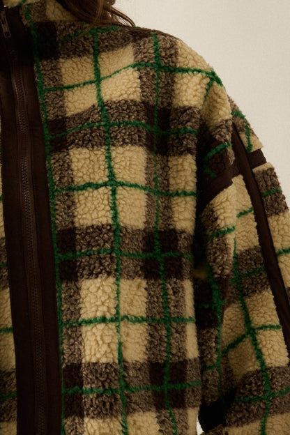 Plaid-Print Sherpa Fleece Zip-Up Collared Pocket Jacket no restocks