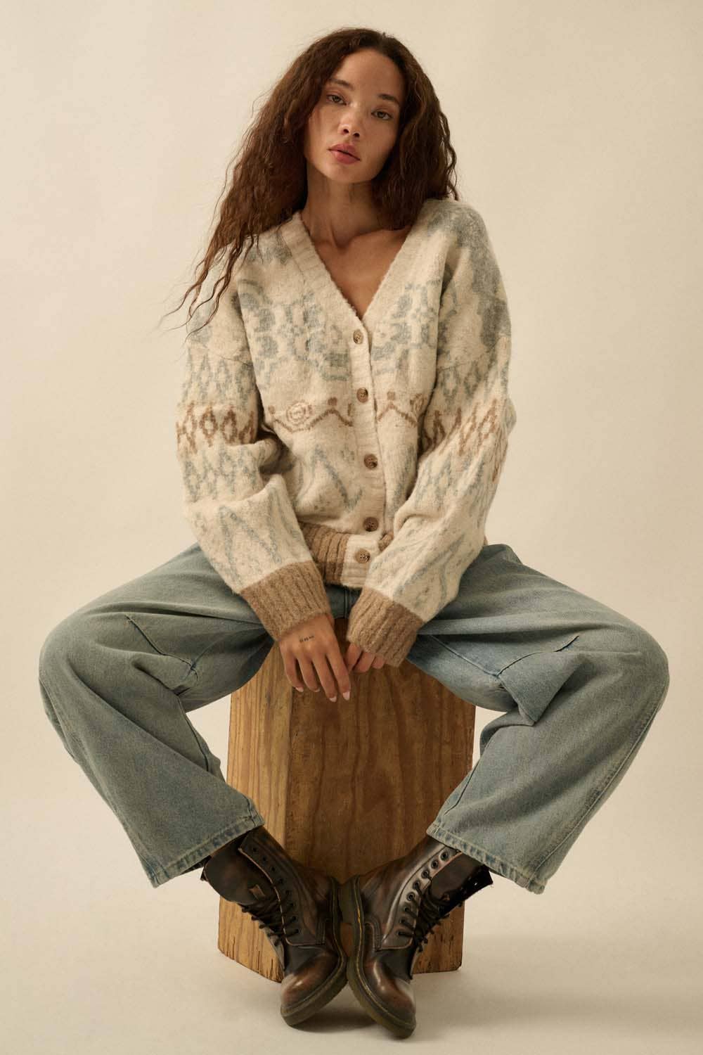 Hearts Aglow Brushed Alpine-Knit Button-Front Cardigan