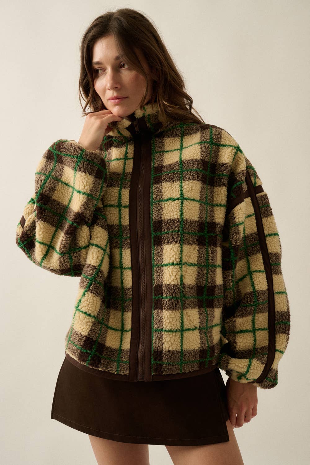 Plaid-Print Sherpa Fleece Zip-Up Collared Pocket Jacket no restocks