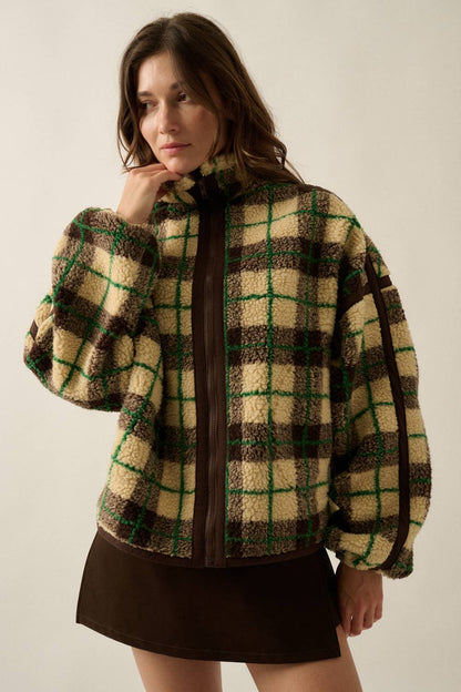 Plaid-Print Sherpa Fleece Zip-Up Collared Pocket Jacket no restocks