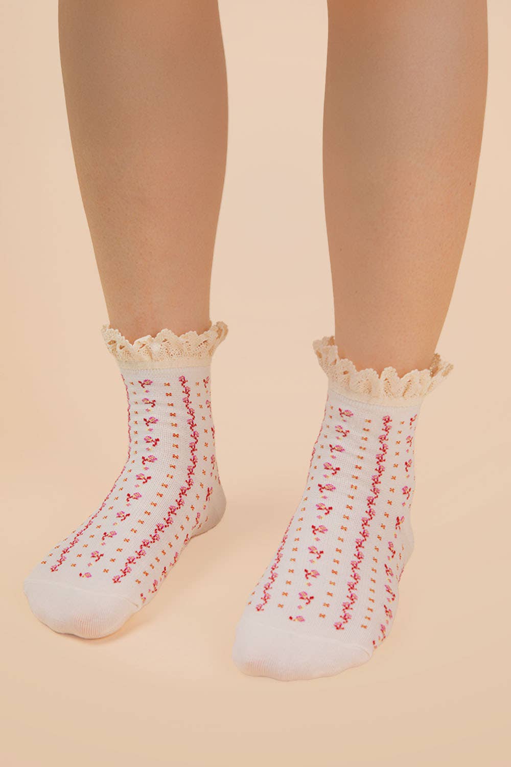 Lace Trim Detail Floral Printed Crew Socks
