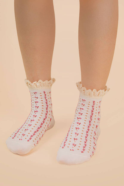 Lace Trim Detail Floral Printed Crew Socks