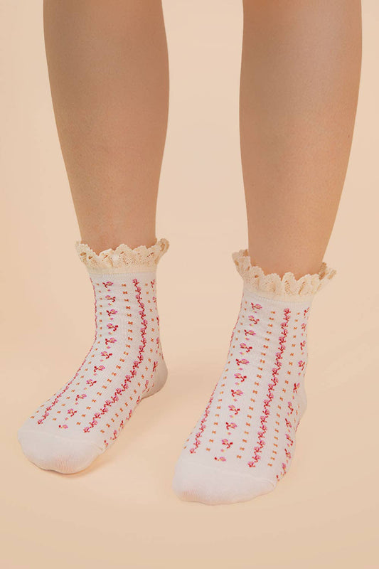 Lace Trim Detail Floral Printed Crew Socks