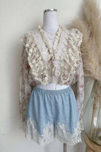 LACE TRIM CHAMBRAY SHORTS