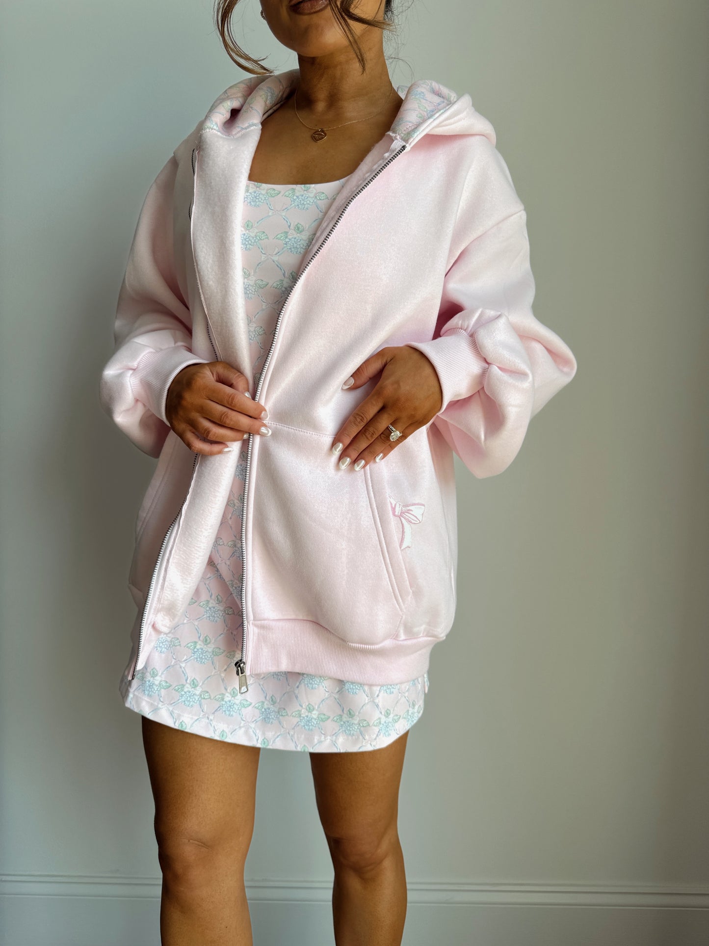 Ribboned Hydrangeas Zip Up Hoodie Blush Pink