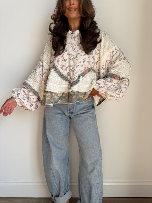 Willow Patch Floral Vintage Plaid Ruffle Top with Balloon Sleeves PRE ORDER
