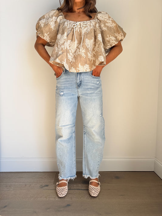Golden Bloom Neutral Puff Sleeve Top