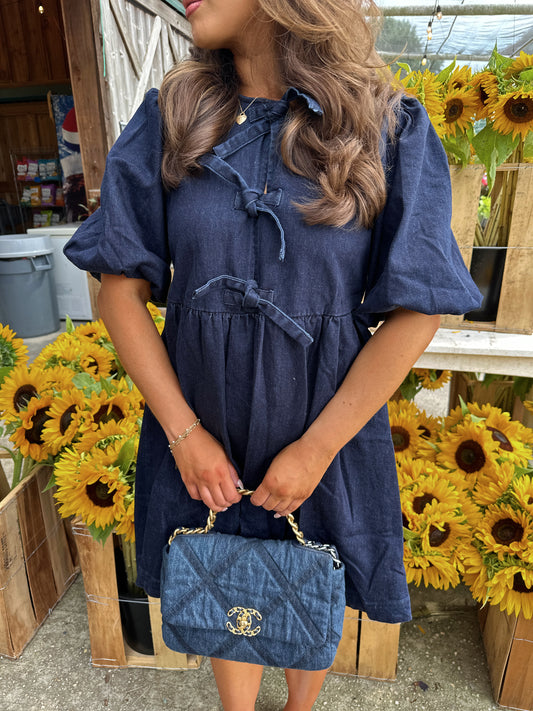 Rustic Ribbon Puff Sleeve Denim Dress