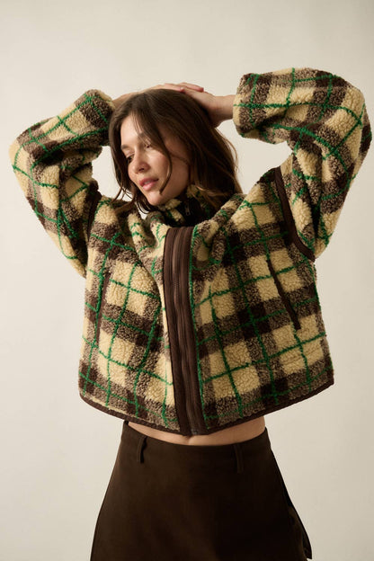 Plaid-Print Sherpa Fleece Zip-Up Collared Pocket Jacket no restocks