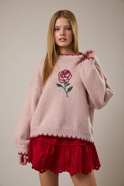 Tale As Old As Time ROSE STITCHING OVERSIZED SWEATER