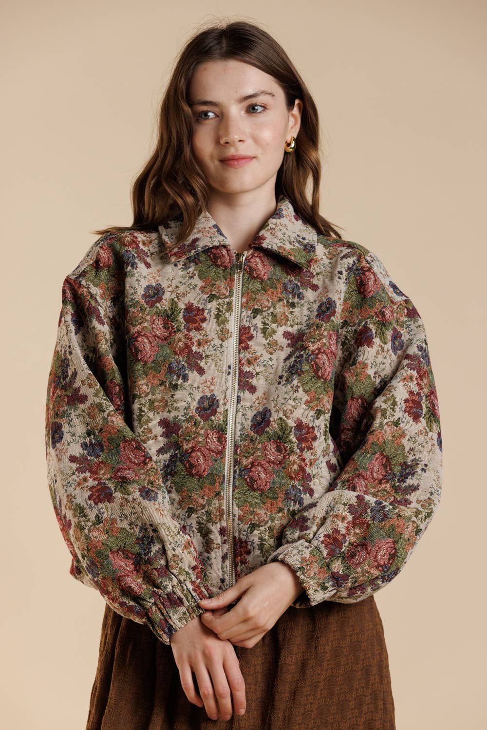Vintage Rose Tapestry Zip-Up Bomber Jacket
