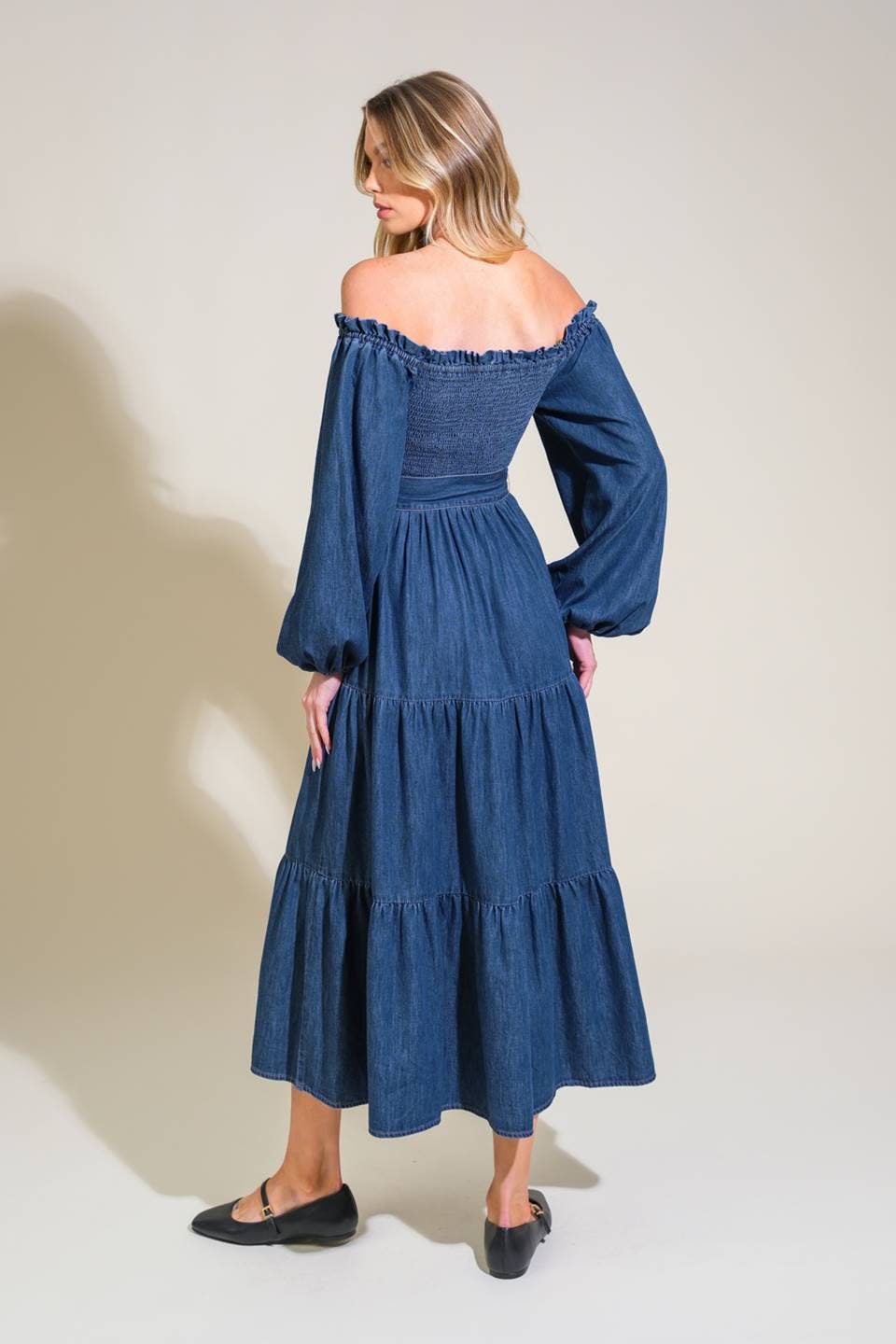 off shoulder denim maxi dress Lovely Denim Blue Off-the-Shoulder Dress - Denim Blue Maxi Dress - Button-Up Maxi Dress - $58.00