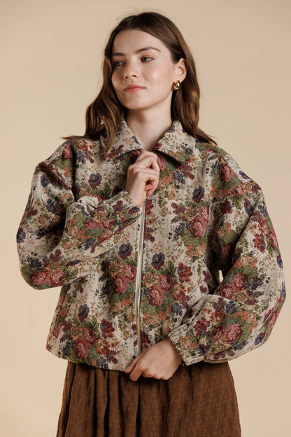 Vintage Rose Tapestry Zip-Up Bomber Jacket